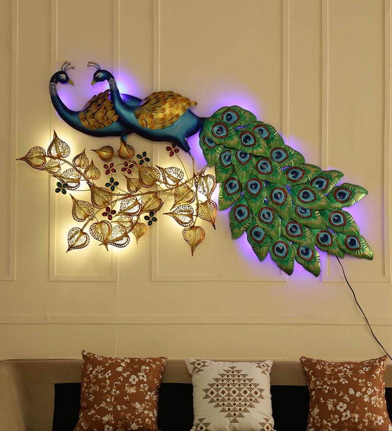 24 iron peocock wall art with led in blue by decorfry by decorfry
