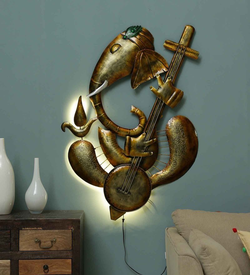25 iron lord ganesha wall art with led in gold by decorfry by decorfry