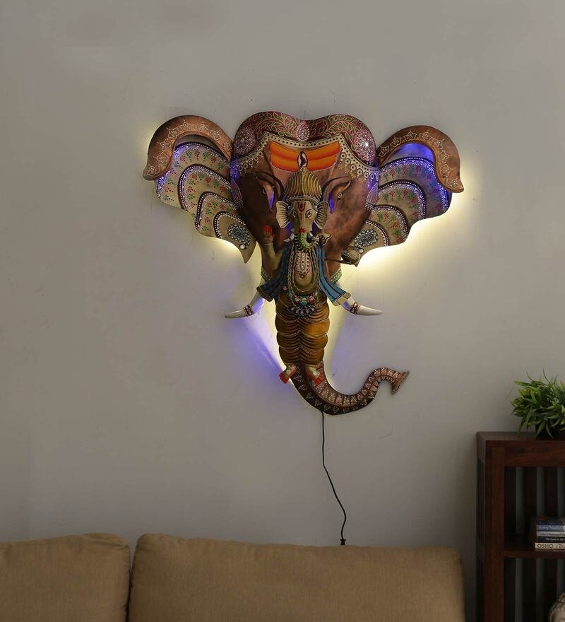 3 iron lord ganesha wall art with led in multicolour by decorfry by decorfry