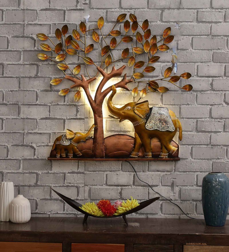 36 iron elephant under tree wall art with led in copper by decorfry by decorfry