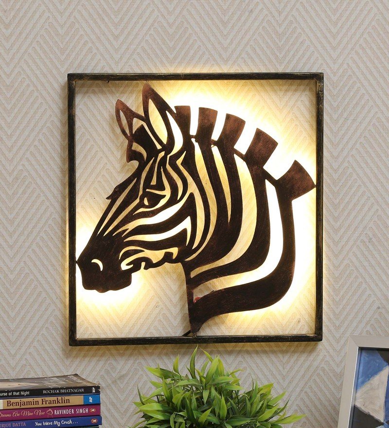 38 wrought iron zebra in frame wall art with led in brown by decorfry by decorfry