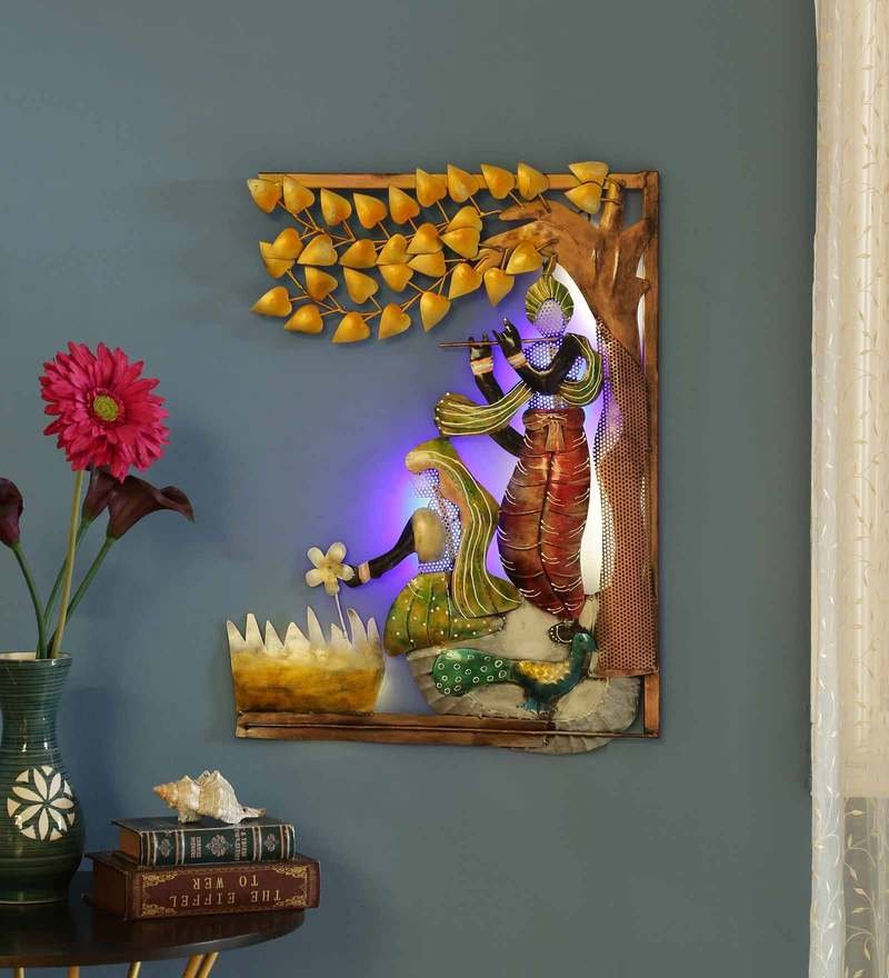 39 iron lord krishna wall art with led in multicolour by decorfry by decorfry