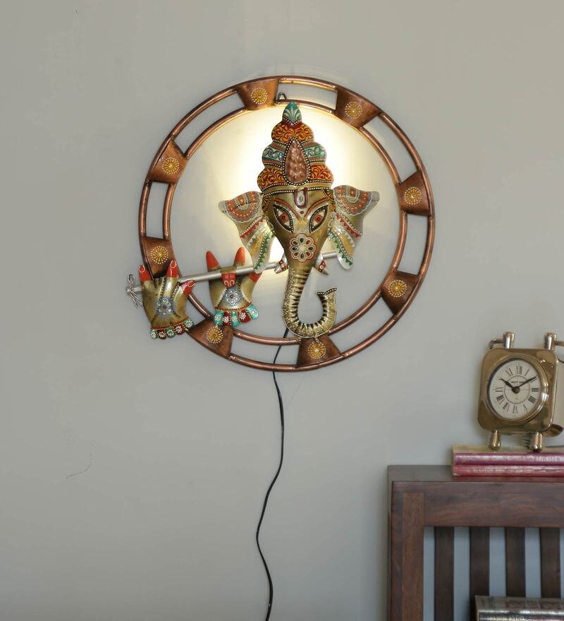 4 iron lord ganesha wall art with led in multicolour by decorfry by decorfry