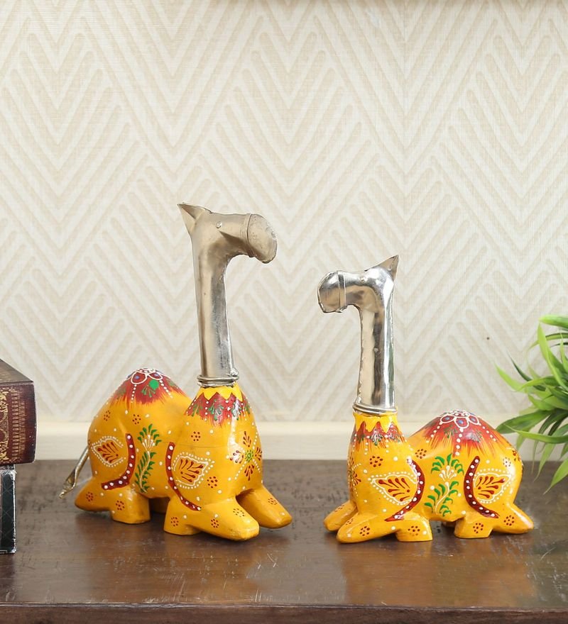 42 yellow iron and wood animal figurine set of 2 by decorfry by decorfry
