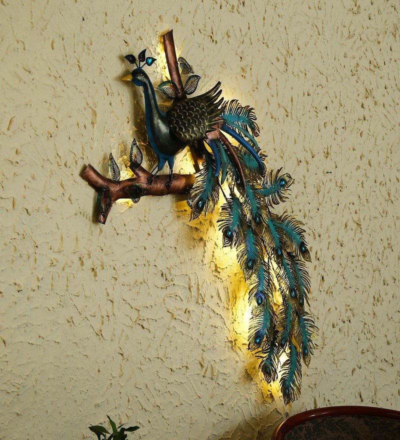 51 wrought iron peocock wall art with led in blue by decorfry by decorfry
