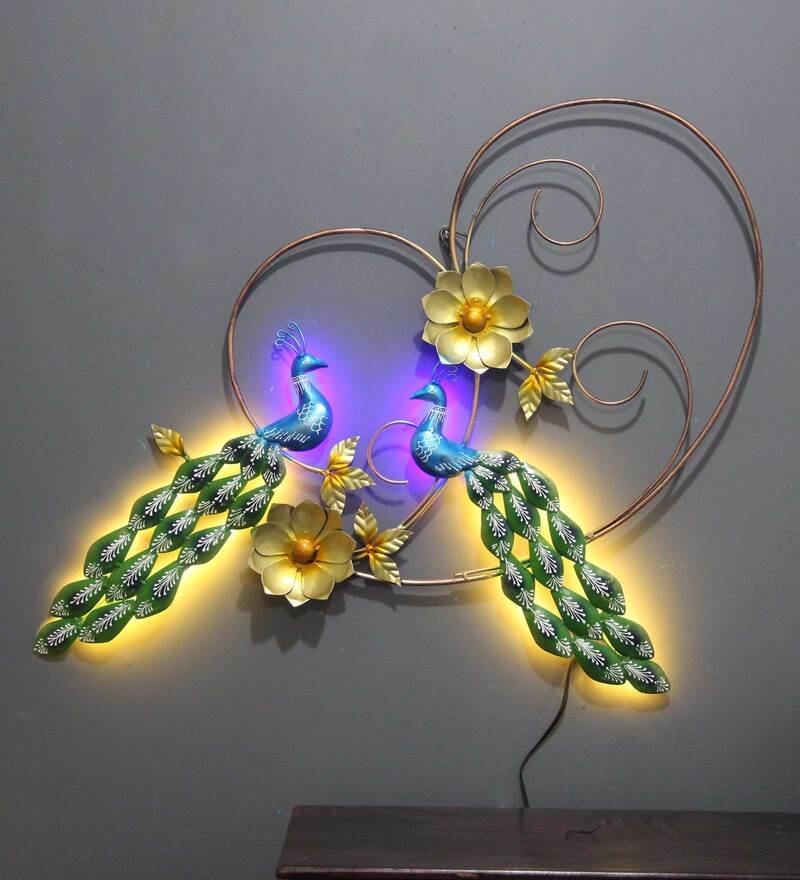 54 iron peocock wall art with led in green by decorfry by decorfry