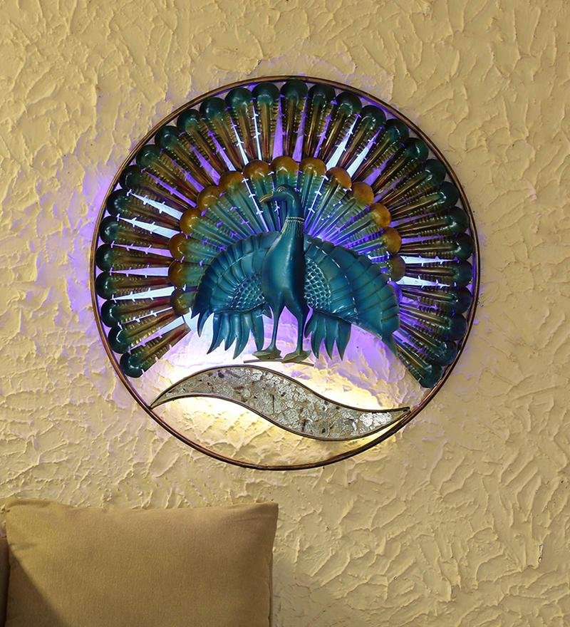 74 iron peocock wall art with led in blue by decorfry by decorfry