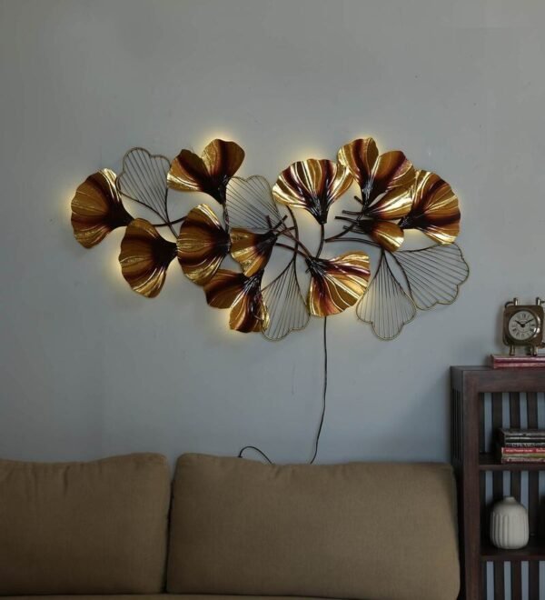 48 iron floral leaf wall art with led in gold by decorfry by decorfry